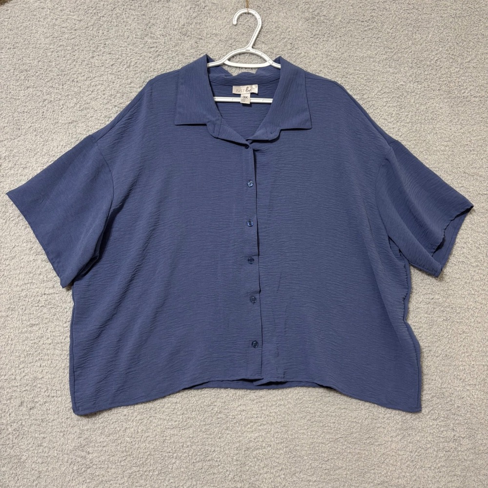 Modern Minimalist Boxy Button Front Blouse Plus Size 3X Slate Blue Textured